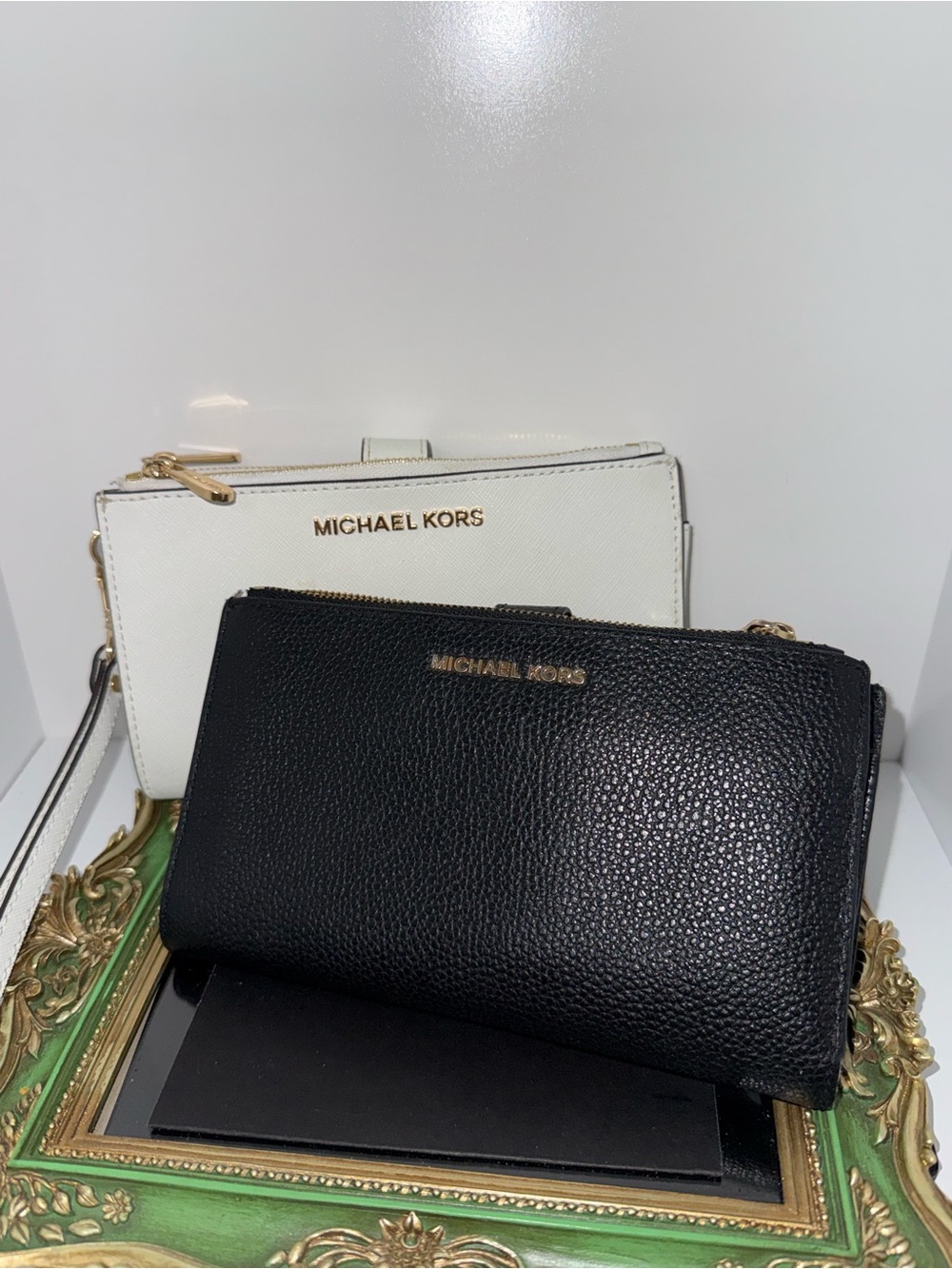 Michael Kors Black and White Leather Double Wristlet Set